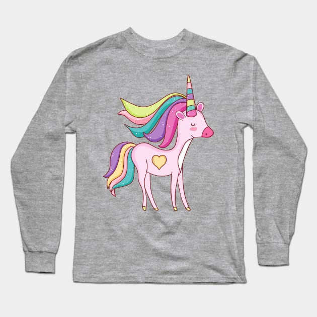 Cute Little Unicorn With Heart, Line Drawing White, Pink, Purple, Green & Yellow Long Sleeve T-Shirt by Vegan Squad
